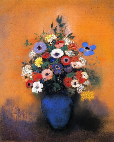 Minosas  Anemonies And Leaves In A Blue Vase